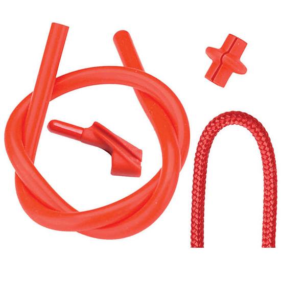 Pine Ridge Archers Combo Pack 3/16in Red by americanlegacyfishing features red elastic no-tie shoelaces with plastic ends and a cross-shaped fastener, ideal for bowhunting or your Archer Combo Pack. Shown coiled, straight, and close-up on braided texture.