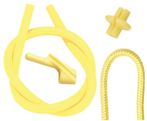 The Pine Ridge Archers Combo Pack 3/16in Yellow from americanlegacyfishing features a flat elastic band, braided string, and two yellow connectors—ideal for archers and compatible with Silicone Peep Sight Tubing or Nitro Peep Sight.