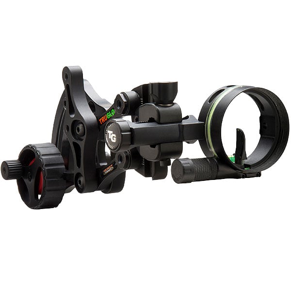 The TruGlo Bow Sight W/ Light Range Rover AC Wheel Blk .019 features adjustable fiber optic pins, a ZERO-IN Adjustment Dial, and TRUGLO branding for precise single-pin archery aiming.
