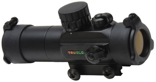 The TruGlo Tactical 30mm Black Red/Green Dot TG8030TB features adjustment knobs, multi-coated lenses, and mounting hardware for enhanced firearm aiming accuracy.