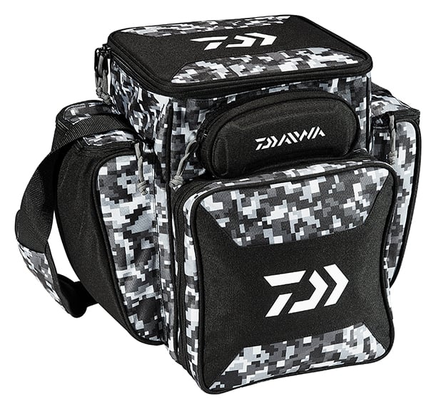 The Daiwa D-Vec Tactical Soft Sided Tackle Box comes in black and gray digital camouflage, designed for optimal organization with multiple zippered compartments. It features corrosion-resistant zippers and displays a prominent white logo on the front pocket plus smaller logos on the top and side.