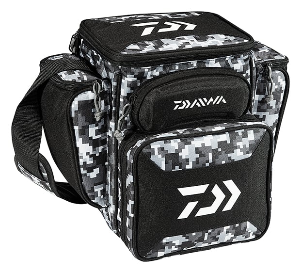 The Daiwa D-Vec Tactical Soft Sided Tackle Box sports a digital camo pattern, multiple zippered compartments with corrosion-resistant zippers, and an adjustable shoulder strap. Featuring a prominent brand logo, it's ideal for organizing gear like a modern tackle box.