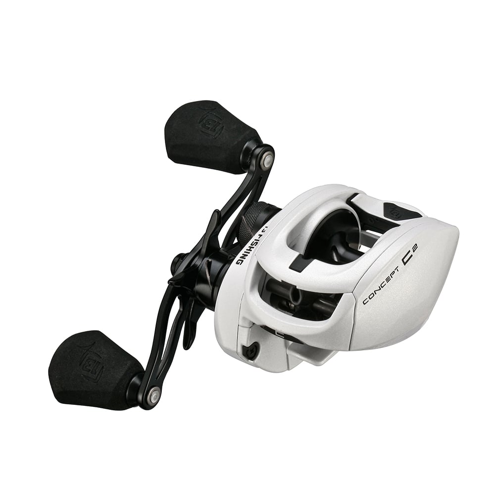 The 13 Fishing Concept C2 Casting Reel 6.8:1 (C2-6.8-RH) by 13 Fishing, in white and black with dual handle grips, is displayed on a white background.