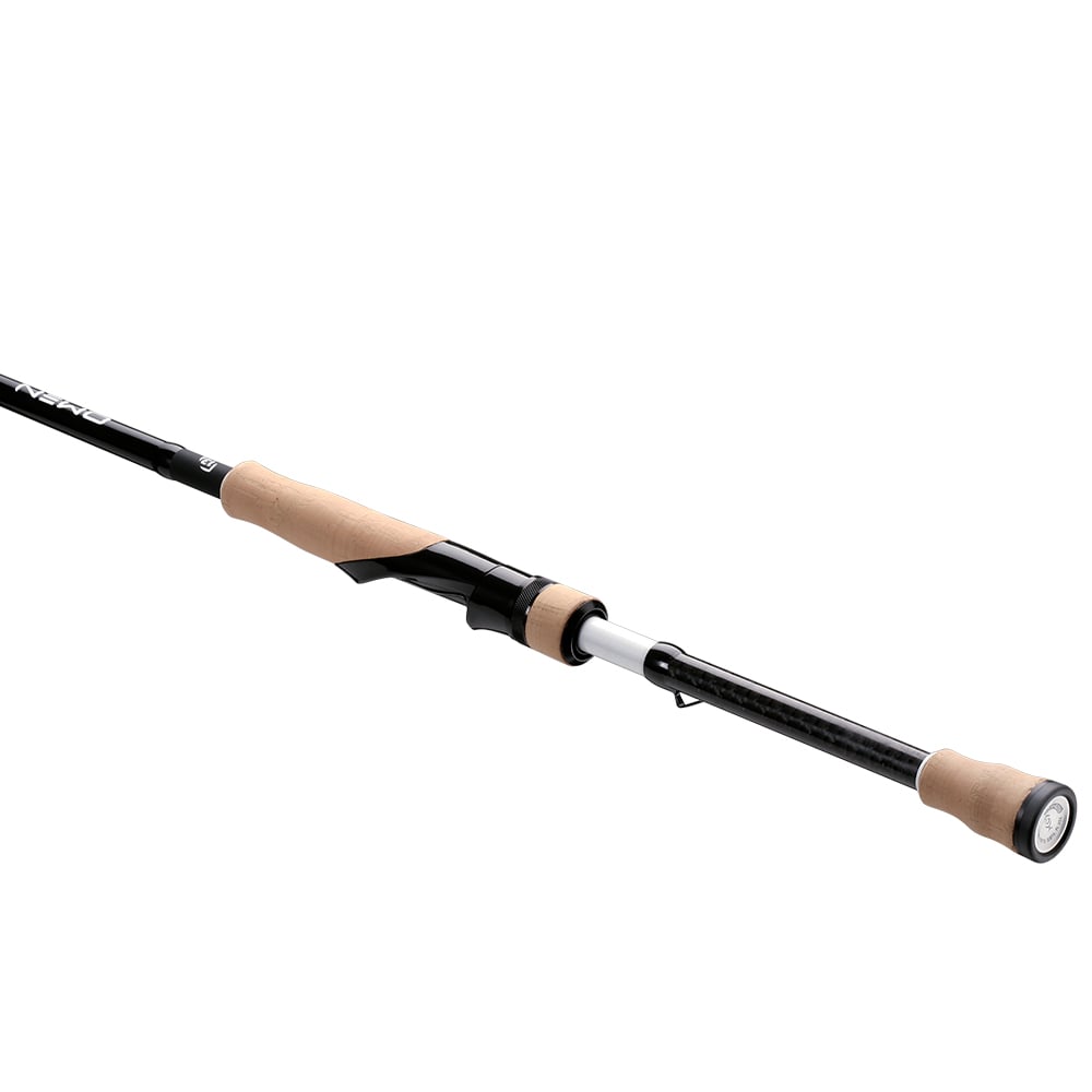 A 13 Fishing Omen Black 3 Spinning Rod 7'5" Mag Medium (OB3S75M-MAG) in black with tan cork handles and a sleek reel seat, featuring a modern ergonomic design—ideal for tournament anglers. Isolated on white background.