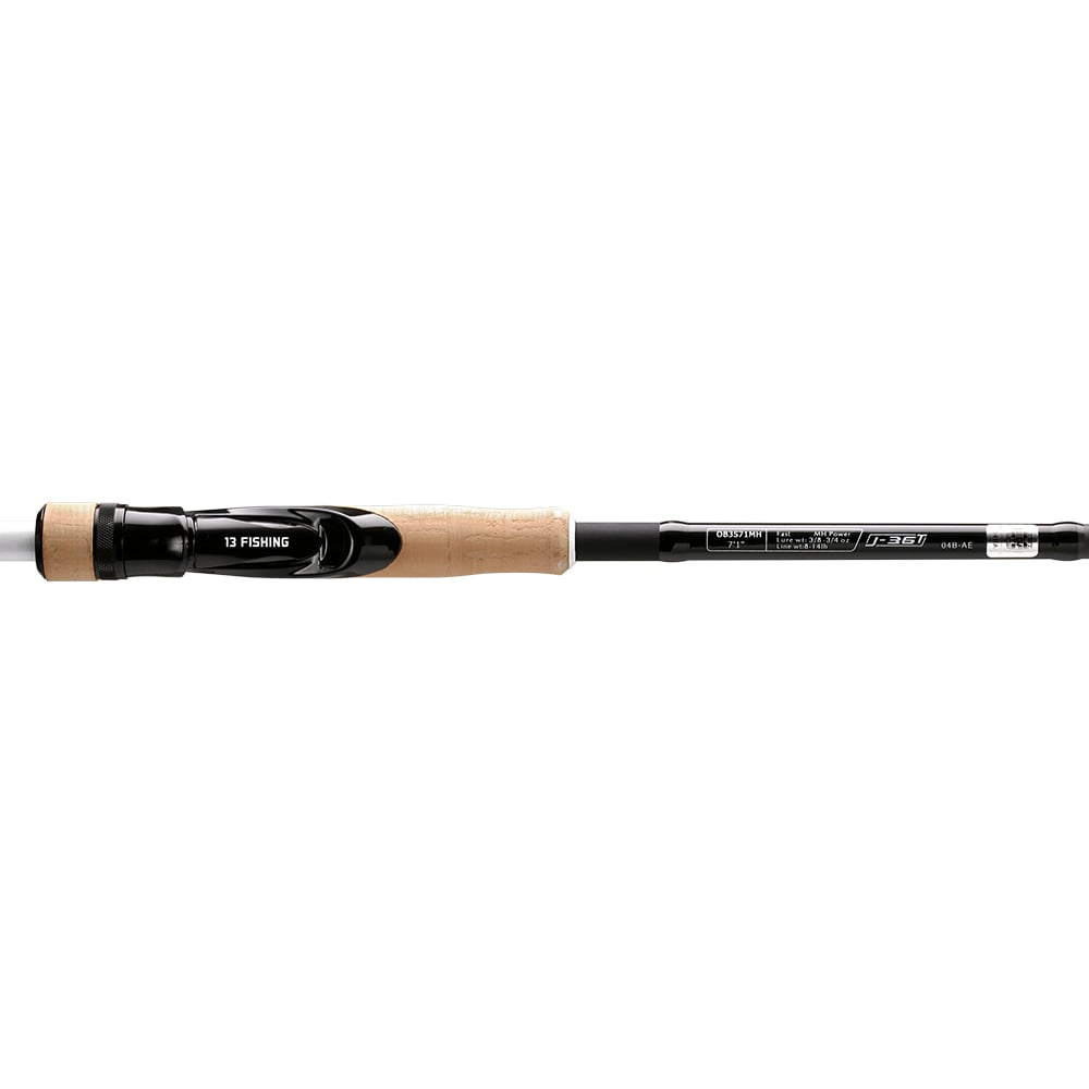 The 13 Fishing Omen Black 3 Spinning Rod 7'5" Mag Medium | OB3S75M-MAG features a black and tan design, cork handle, and prominent branding, making it ideal for tournament anglers. Shown here on a white background.