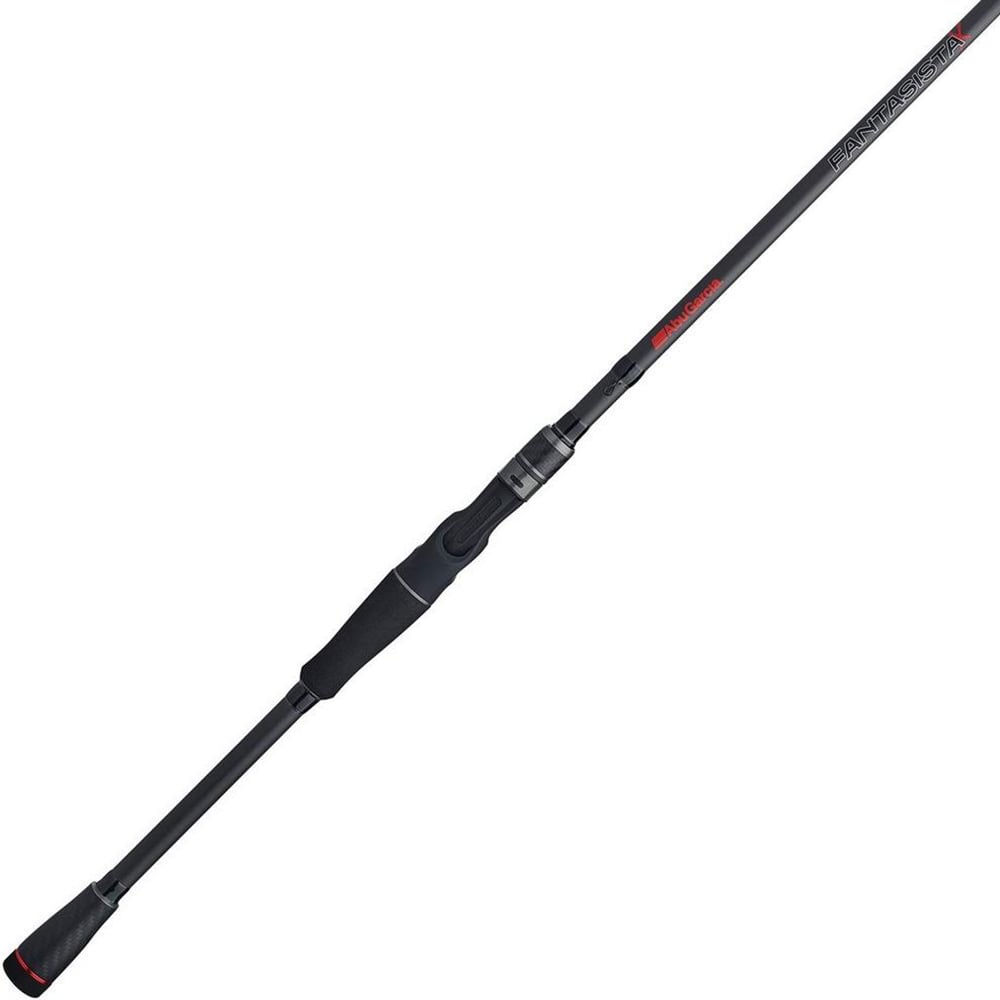 The Abu Garcia Fantasista X Casting Rod 7'0" Medium | FNXC70-5 is displayed on a white background, showcasing its black and grey design. This rod features advanced Powerlux 500 technology and a sleek handle with distinctive red accents near the base.