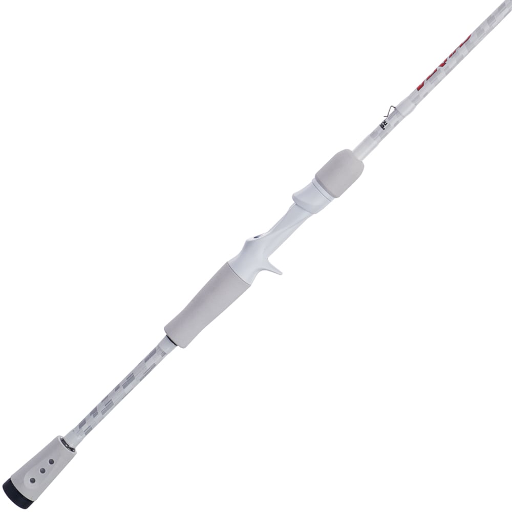 The Abu Garcia Veritas Casting Rod 7'6" Medium Heavy (VTPC76-6) features a sleek white design with a textured grip, Powerlux technology, a reel seat and guides for enhanced performance. The distinctive tip and butt end complete its streamlined appearance.