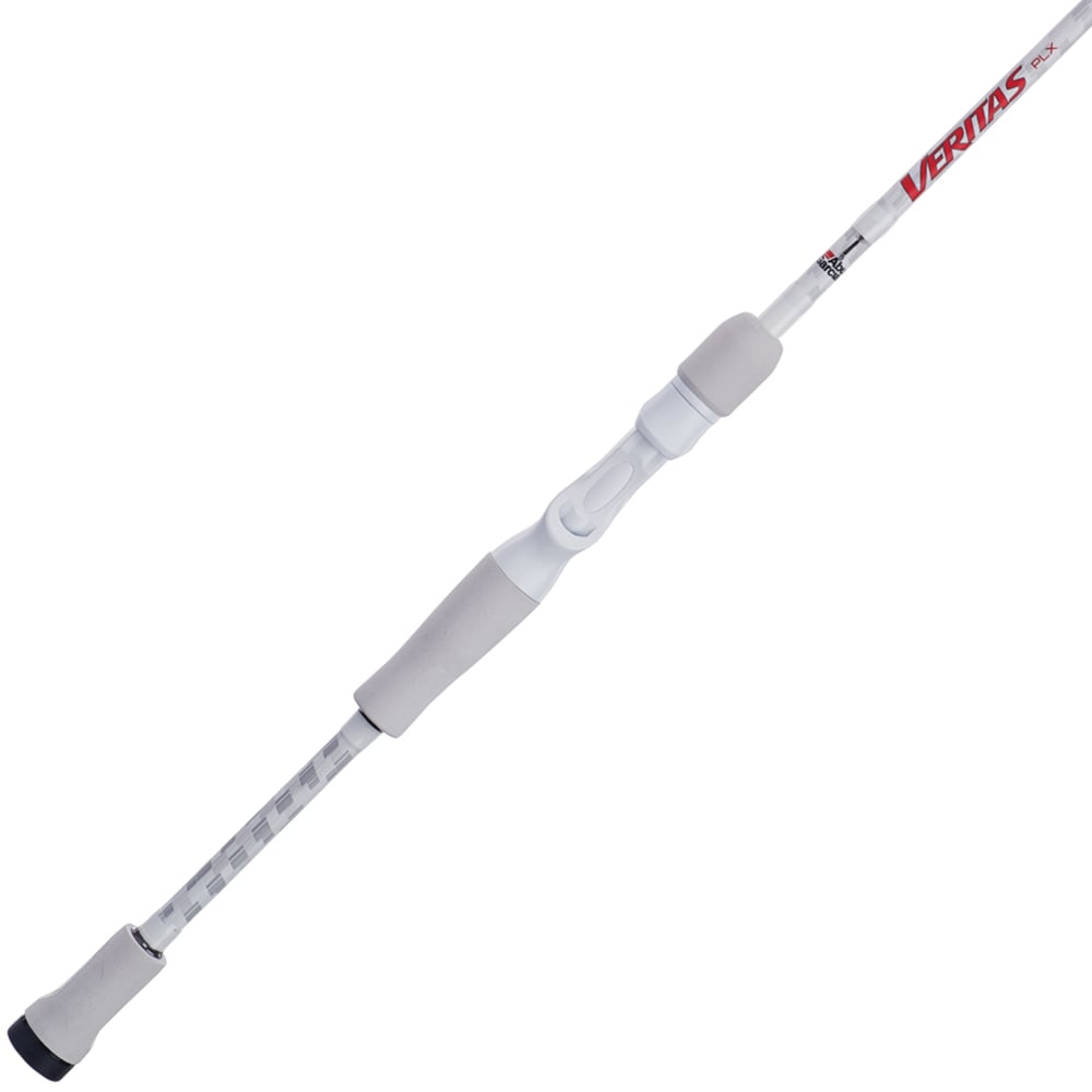 The Abu Garcia Veritas Casting Rod 7'6" Medium Heavy (VTPC76-6) features a sleek design with a cork handle, enhanced by Powerlux technology. It has red lettering near the top and smooth, evenly spaced line guides for superior performance.