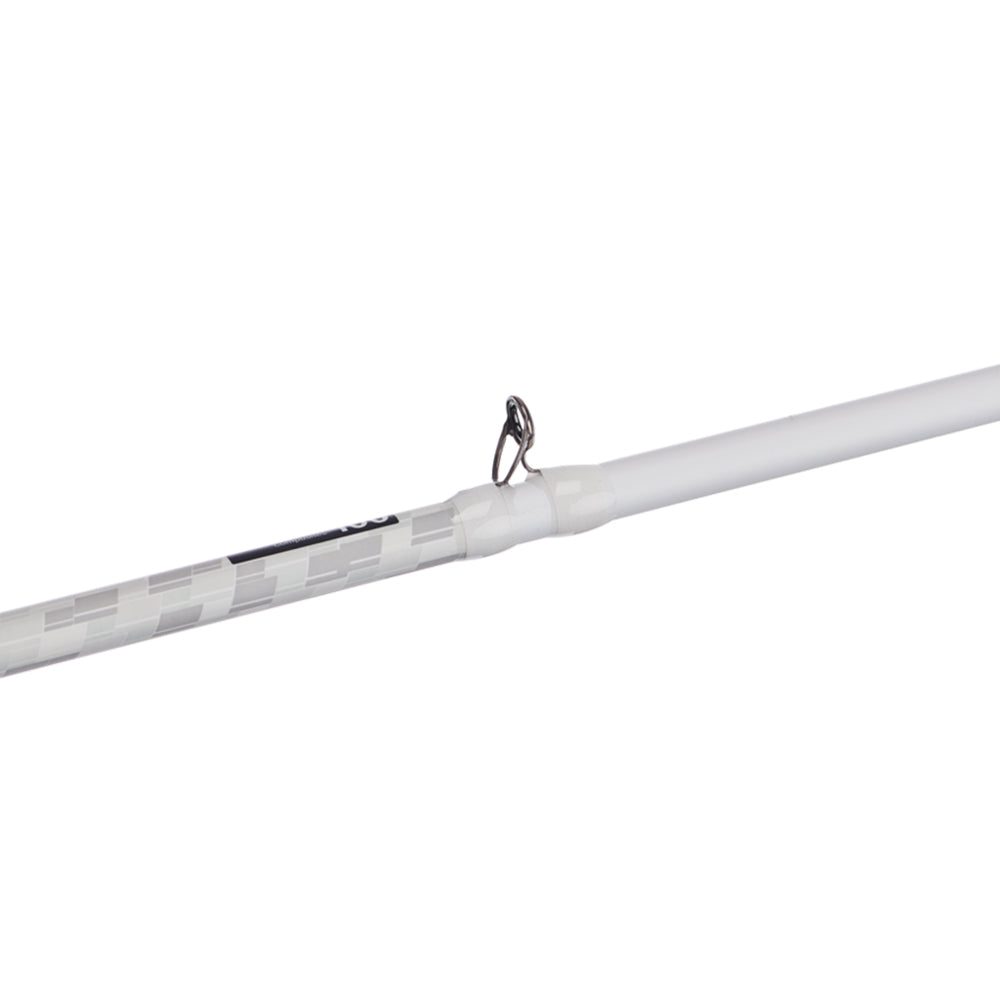 Close-up of an Abu Garcia Veritas Casting Rod 7'6" Medium Heavy (VTPC76-6) section, showcasing its sleek design. The shiny metal guide ring highlights the precision of Powerlux technology, set against a white background, emphasizing its craftsmanship and modern appeal.