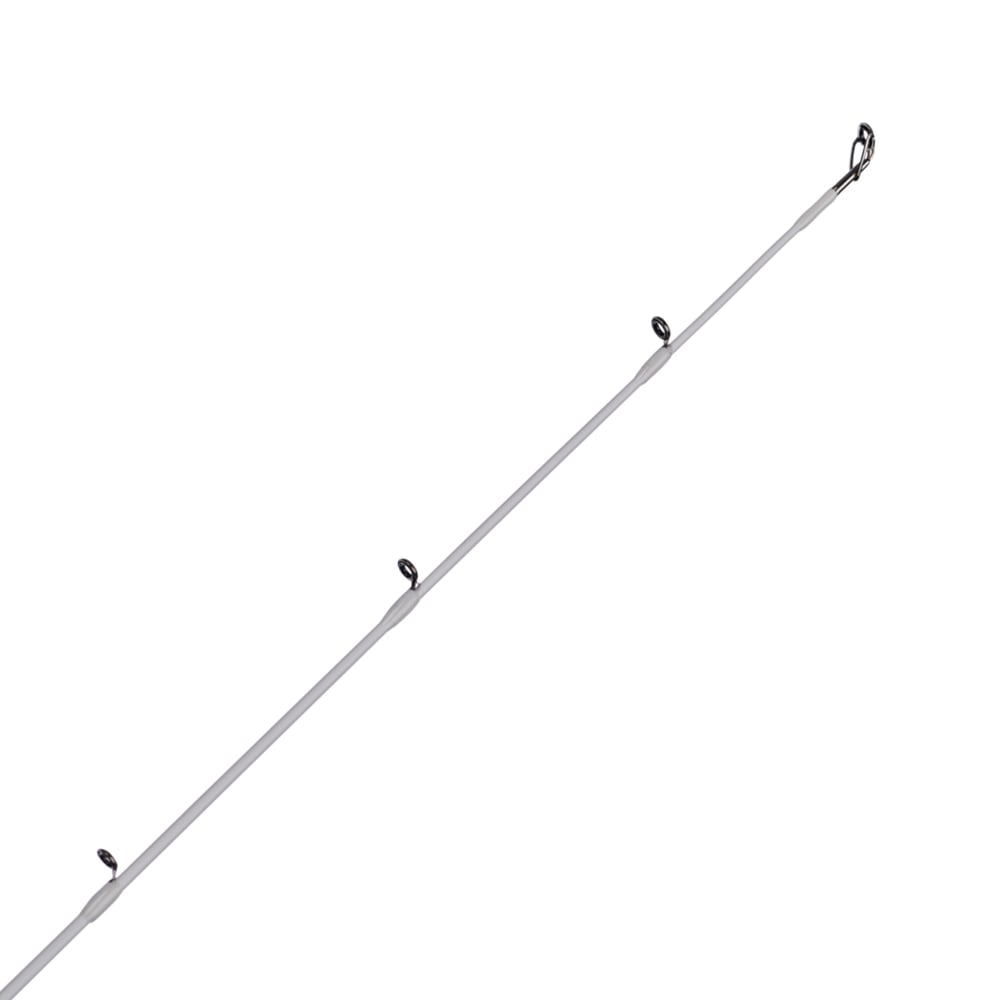 The Abu Garcia Veritas Casting Rod 7'6" Medium Heavy, VTPC76-6, has a close-up of its upper section on a plain white background. The light rod is equipped with several evenly spaced circular guides enhanced with Powerlux technology leading to the tip.