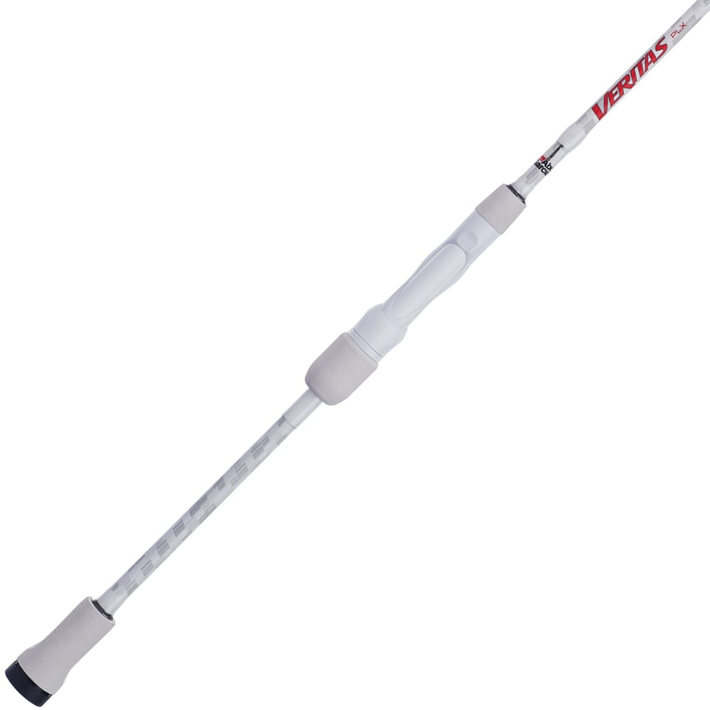 The Abu Garcia Veritas Spinning Rod 7'0" Medium 2 Piece, model VTPS702-5, features "Veritas" in bold red near the handle, a padded grip, and multiple line guides. Powered by Powerlux technology, it's ideal for your fishing adventures on a plain white background.