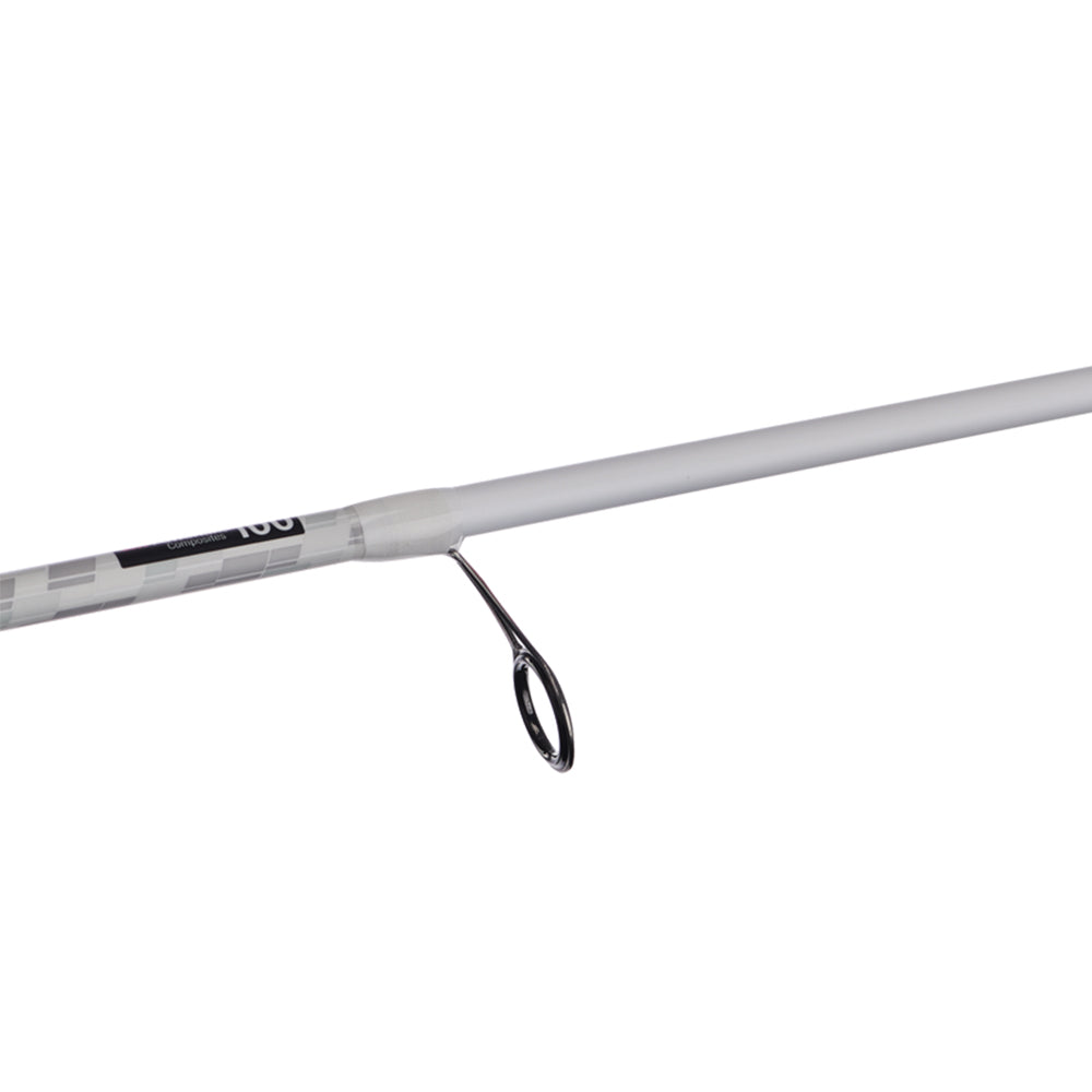Close-up of a sleek white Abu Garcia Veritas Spinning Rod 6'9" Medium Light (VTPS69-4) with a clear view of the black line guide, showcasing its minimalist design and streamlined build against a plain white background.