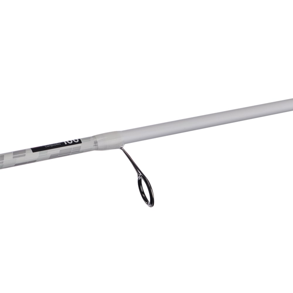 A close-up of the Abu Garcia Veritas Spinning Rod 7'0" Medium 2 Piece, model VTPS702-5, shows a sleek design with Powerlux technology. It features a single metal guide loop and a partially visible label with a black and gray checkered pattern against a plain white background.