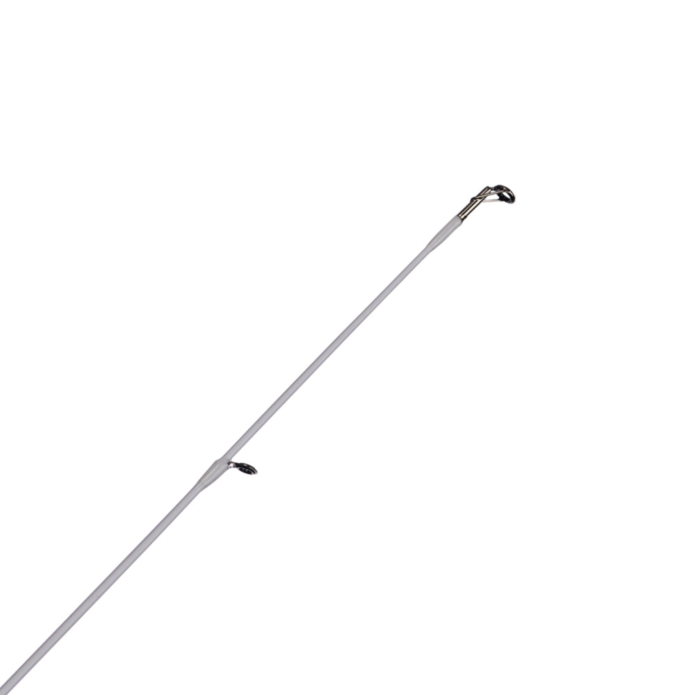 Close-up of the tip of an Abu Garcia Veritas Spinning Rod 6'6" Medium | VTPS66-5 against a white background, showcasing metal guides and featuring Powerlux technology for improved performance.