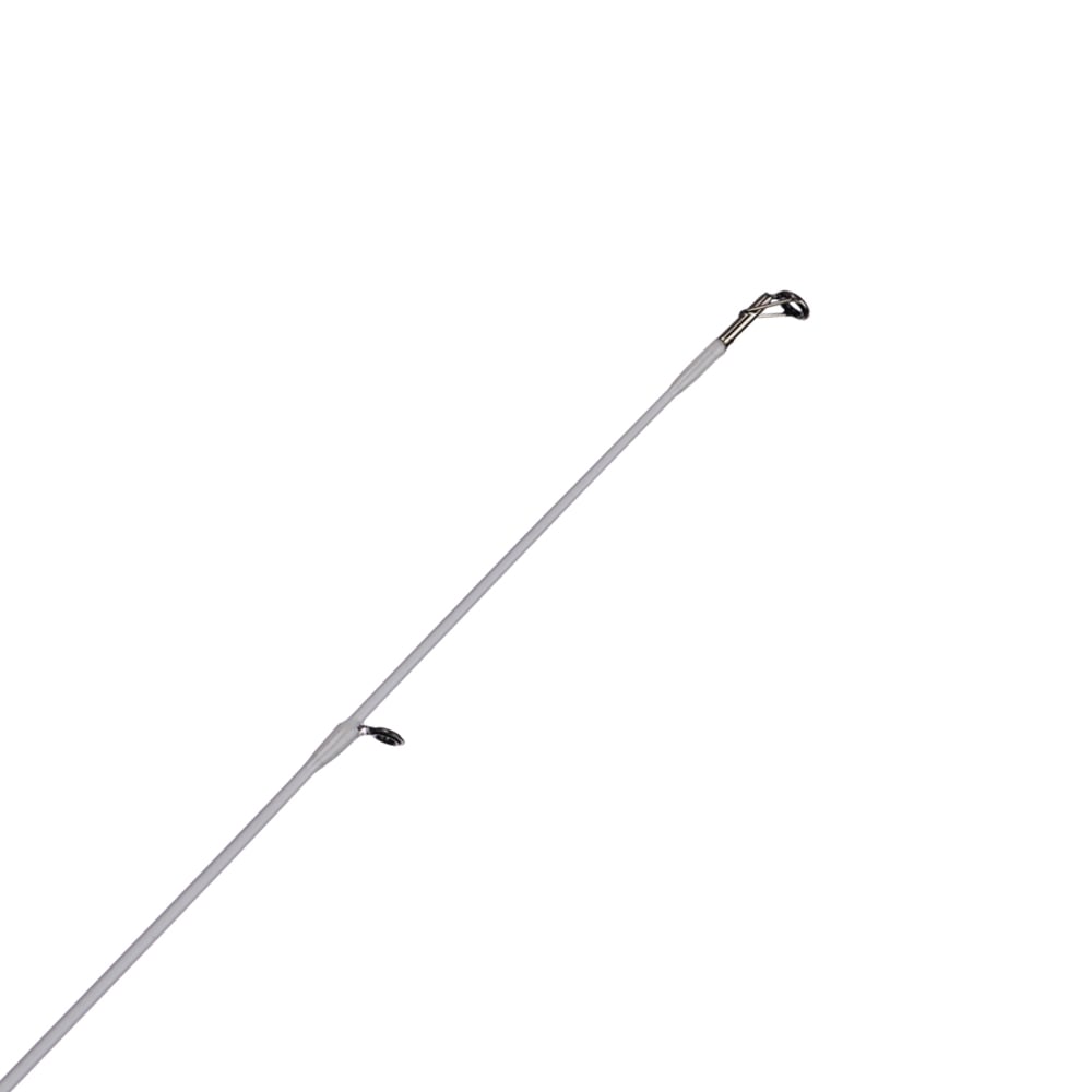A close-up of the Abu Garcia Veritas Spinning Rod 7'0" Medium 2 Piece (VTPS702-5) against a plain white background showcases its sleek design and Powerlux technology, focusing on the tip and two line guides.