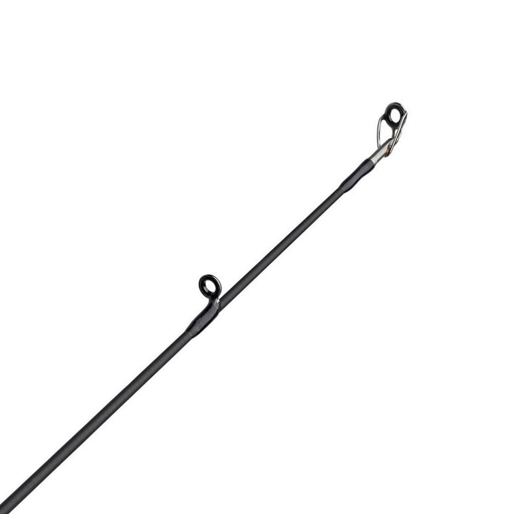 Close-up of an Abu Garcia Veritas Tournament Casting Rod 7'0" Medium with Powerlux 200 technology, showing two black line guides. The rod is diagonally placed on a white background, and the cylindrical guides have small loops for the fishing line.