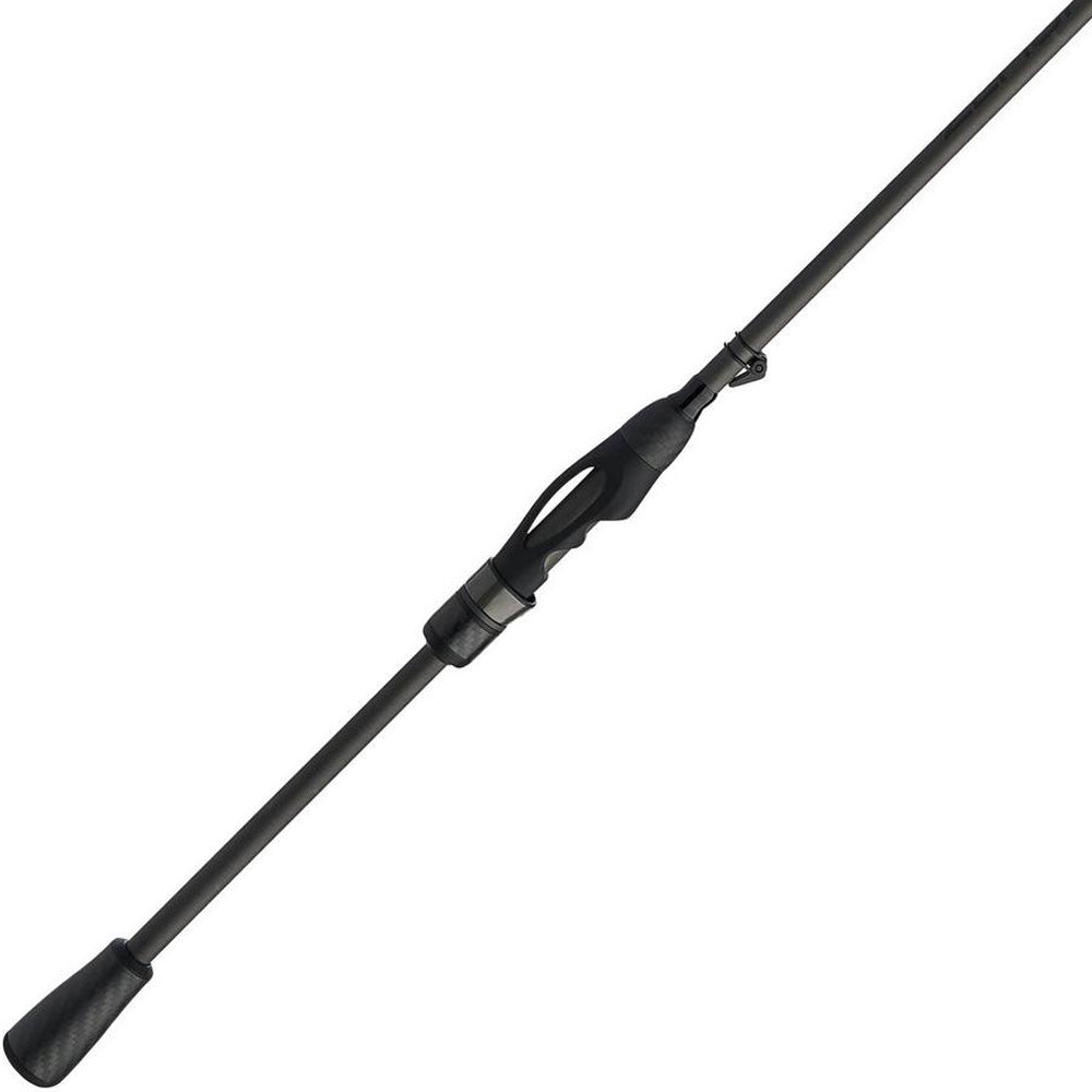 The Abu Garcia Zenon Spinning Rod 7'0" Medium Heavy | ZENS70-6 features a sleek black design with a Fuji reel seat, tapered handle, and smooth ergonomic grip. Positioned diagonally against a white background, it showcases an ideal blend of style and functionality.