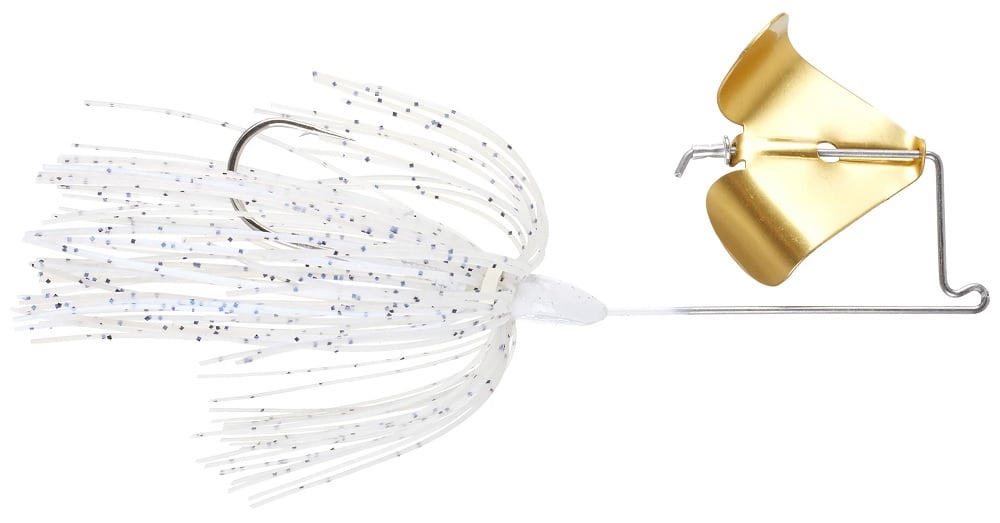 The Accent Jacob Wheeler Finesse Buzzbait by Accent features a white and silver design with a thin white skirt and gold propeller blade, perfect for targeting active fish in pressured fisheries.