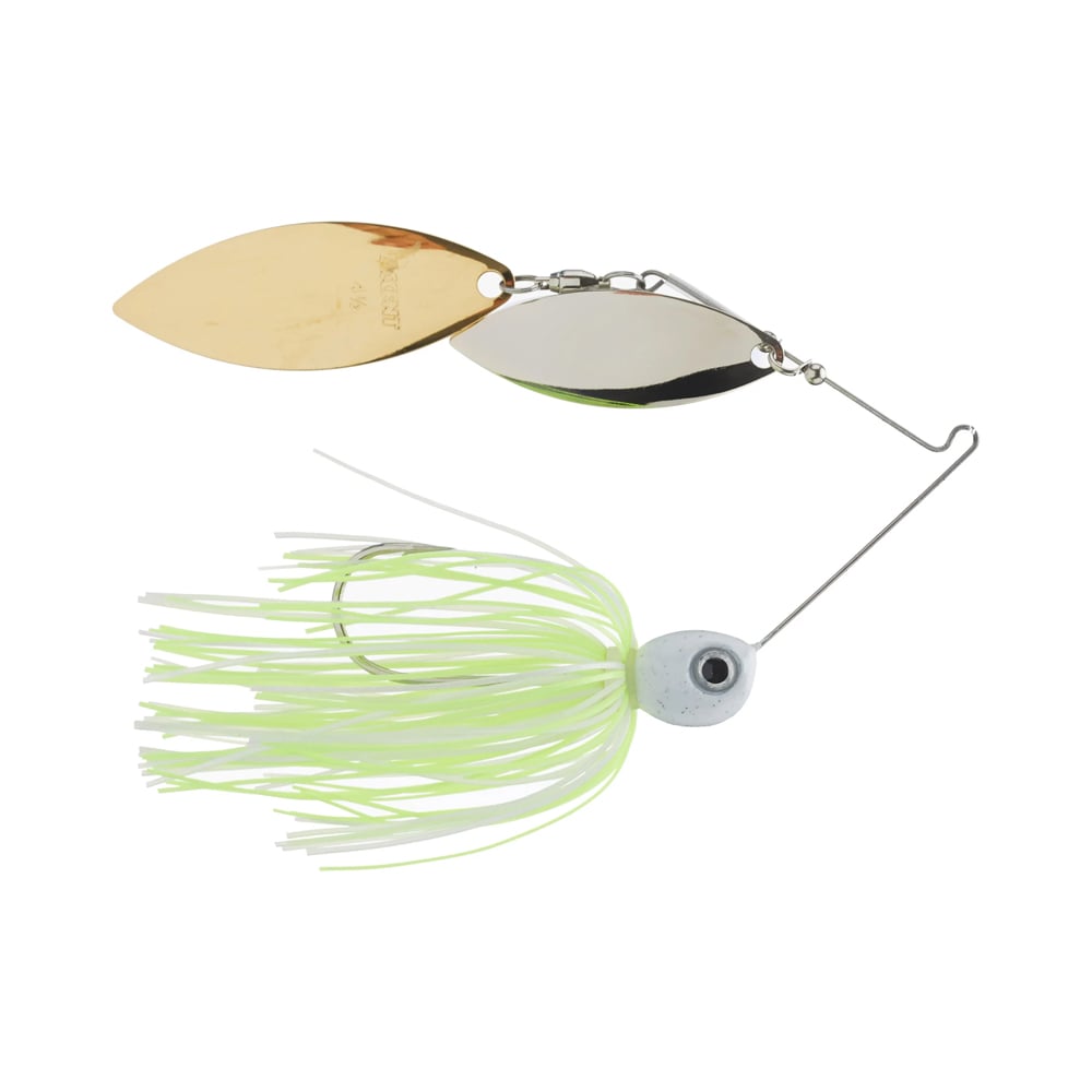 The Accent Jacob Wheeler Double Crossbone Spinnerbait showcases a wire body with gold and silver blades, a white head with eye details, and a green-yellow skirt, ideal for attracting fish. Co-designed with Accent's Jacob Wheeler for optimal performance.