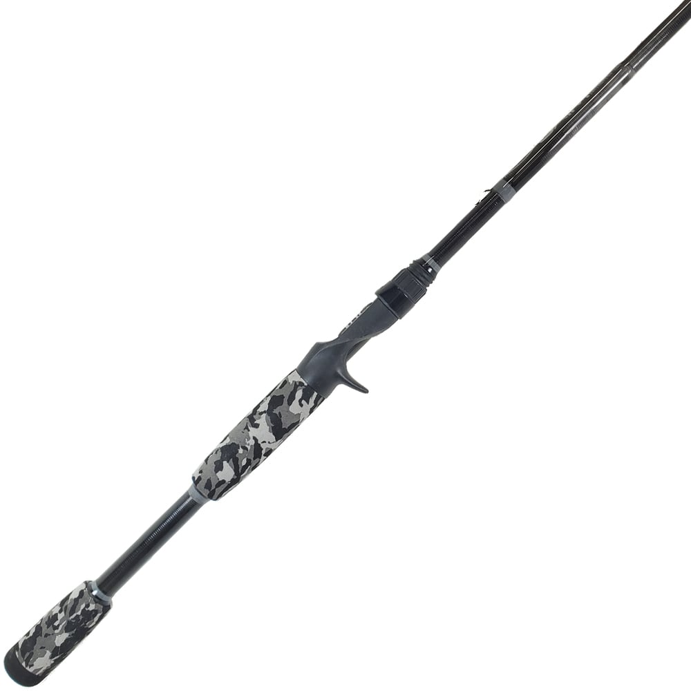 The ALX Oxim Casting Rod Trance 7'0" Medium (XM30F84C) is perfect for bass fishing, featuring a camouflage handle and sleek black shaft with a baitcasting reel seat, artfully angled against a plain white background.