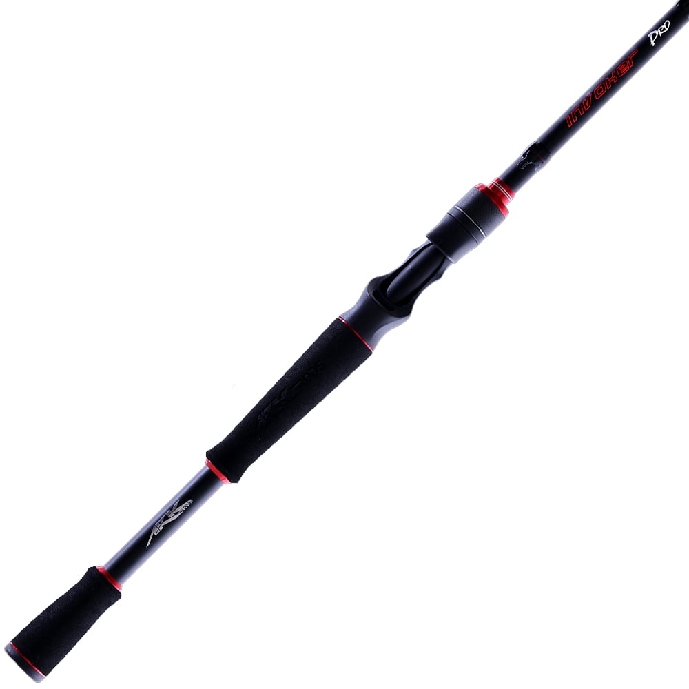 The Ark Invoker Pro Casting Rod 7'3" Medium Heavy | IVP73MHFC from Ark Fishing is a black carbon-fiber rod featuring red accents, cushioned handles, and a sleek design with the brand logo near the grip.