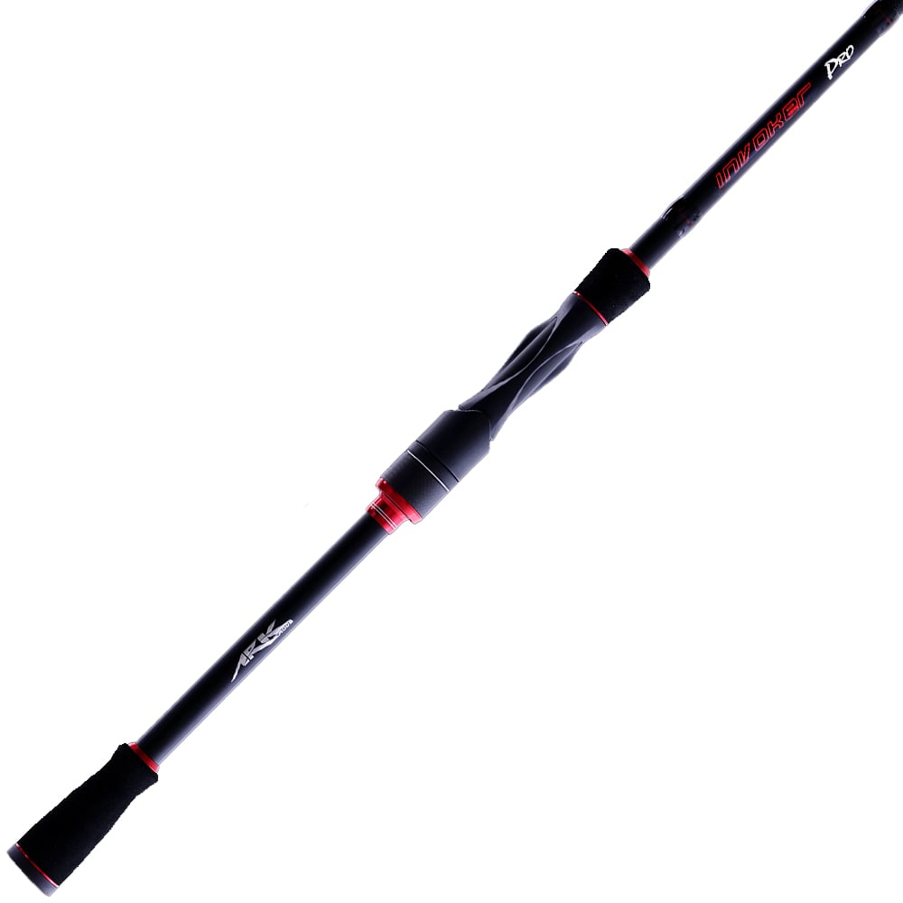 The Ark Invoker Pro 7'0" Medium Heavy spinning rod by Ark Fishing features a black and red design with split grip, black foam handles, and vibrant red accents for comfort and style.