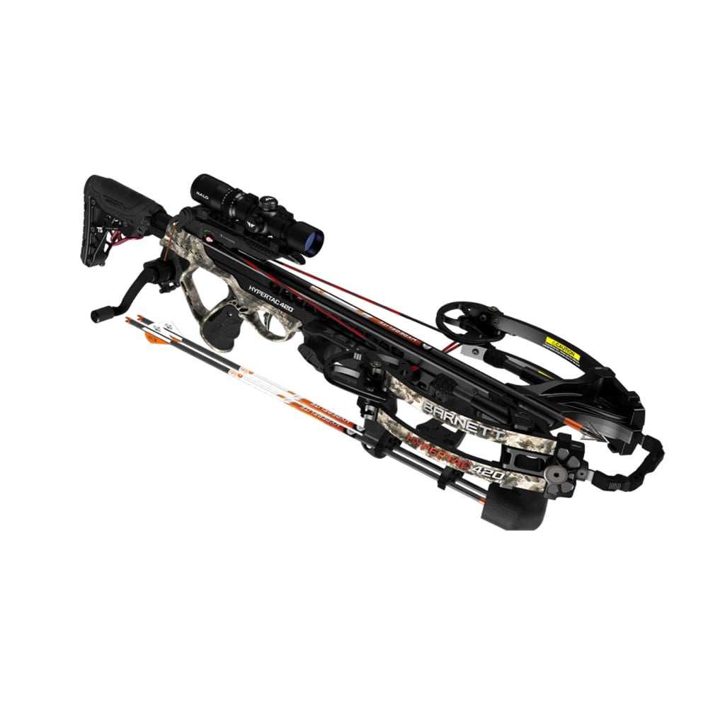The Barnett Hypertac 420 Crossbow with CCD (BAR78119) features a black and camo design, illuminated scope, three orange-tipped arrows, and prominent Barnett branding.