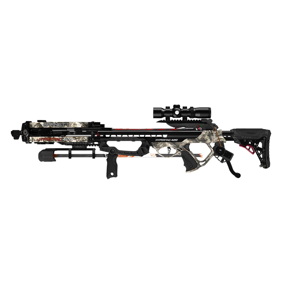 The Barnett Hypertac 420 Crossbow with CCD (BAR78119) by Barnett features a camouflage pattern, a black stock, and a mounted illuminated scope, displayed in profile against a white background.