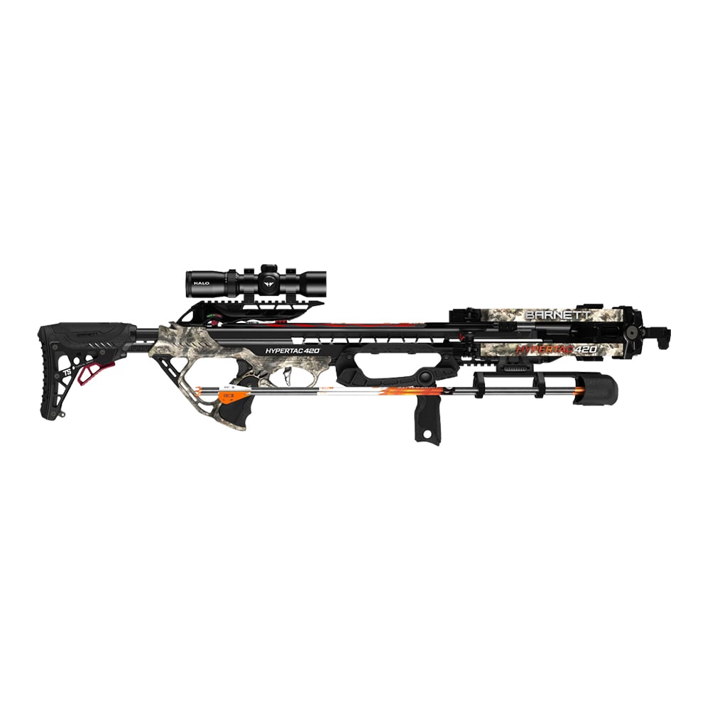 The Barnett Hypertac 420 Crossbow (BAR78009) by Barnett, featuring a camouflage pattern, black stock, orange accents, and mounted scope, is shown on a white background ready to launch HyperFlite arrows.