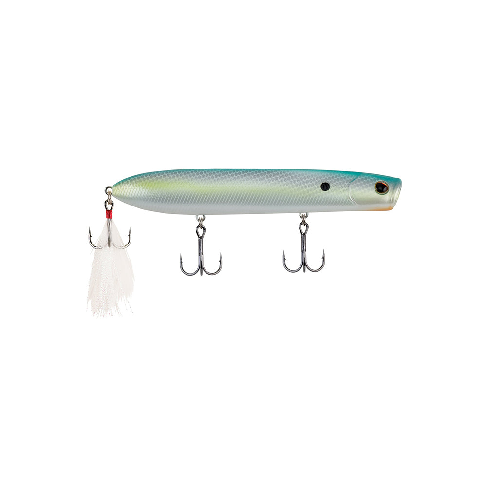 The Berkley Cane Walker by Berkley is a silver and green top water lure with two treble hooks underneath and a feathered tail on the rear hook, shown against a white background.