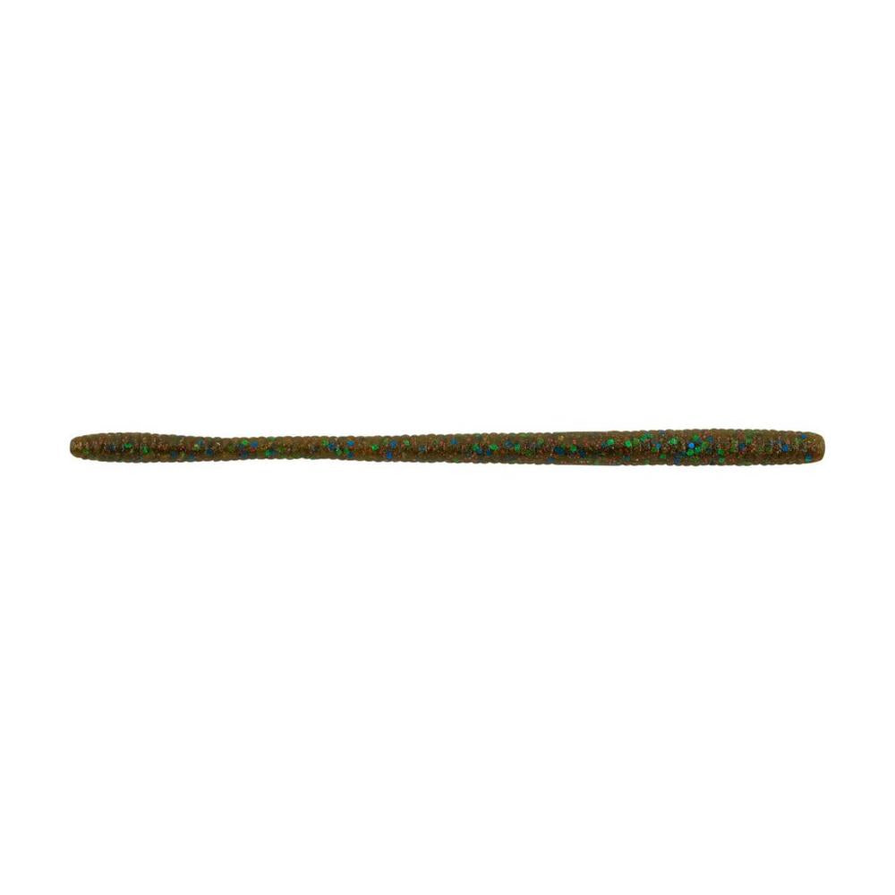 The Berkley Powerbait MaxScent D-Worm by Berkley is a brown, slender fishing bait with green and red flecks, displayed on a white background.