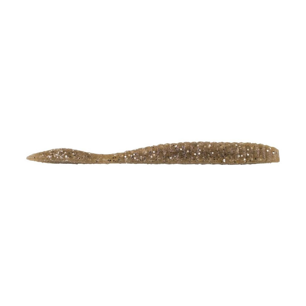The Berkley Powerbait MaxScent Flat Worm by Berkley is a brown, soft plastic worm-shaped fishing lure with a tapered tail and glittery specks, displayed against a white background.