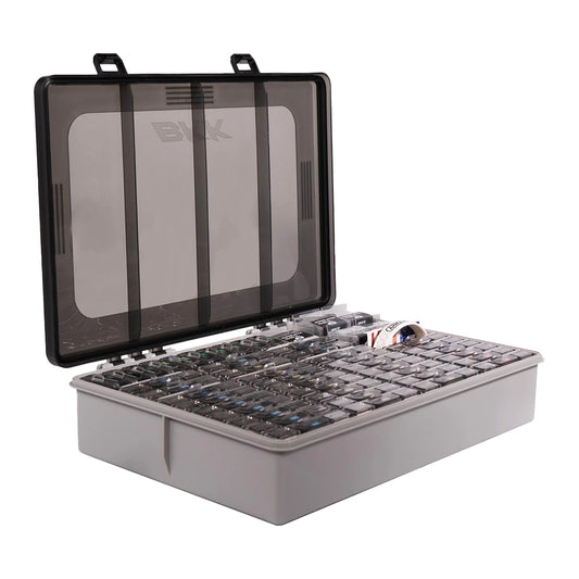 The BKK OCD Tackle Storage System Fully Loaded (D-ST-01011) is a gray, waterproof box with a transparent lid, shown open to reveal neatly organized AA and AAA batteries in individual slots.