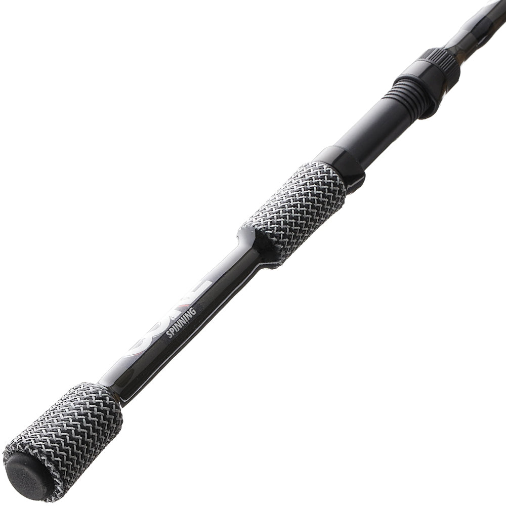 A close-up of the Cashion CORE Series Spinning Rod 6'6" Medium (CM78266S) handle shows its textured grip, rod shaft, and reel seat, with the word "SPINNING" visible.