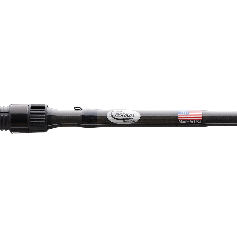 Close-up of a Cashion Rods CORE Series Spinning Rod 6'6" Medium (CM78266S) with "Cashion" branding and a small American flag beside "Made in USA" on the rod.