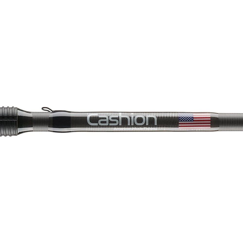Close-up of the Cashion Rods Element Z2 Series Spinning Rod Multi Purpose 7'0" Medium Heavy, showing "Cashion" and a small American flag printed on the rod.