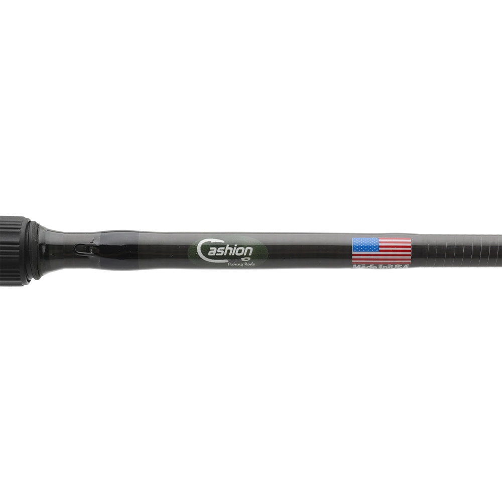A close-up of the Cashion ICON Series Bait Finesse System Casting Rod 7’0” Light (IBFS7LF), featuring the green and white Cashion logo, an American flag sticker on the shaft, and a CR6r blank for optimal finesse performance.