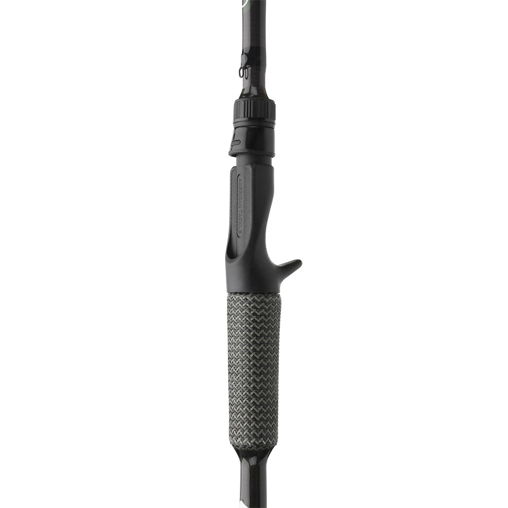 Close-up of the Cashion ICON Series Chatterbait Casting Rod 7'1" Medium Heavy (ICH71MHMF) handle, highlighting its black and gray textured grip and black reel seat, displayed against a white background.