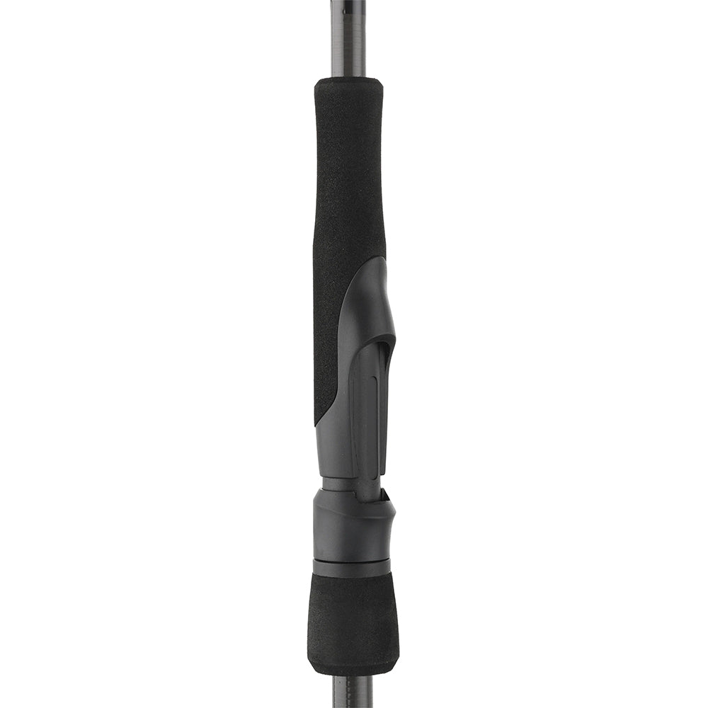 Close-up of the Cashion ICON Series Panfish Trout Spinning Rod 6'6" Ultra Light (IPT66ULFS) handle, featuring a black foam grip and gray reel seat, crafted from durable carbon fiber, shown against a white background.