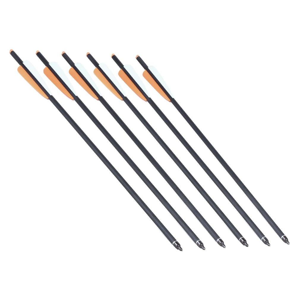 Six CenterPoint Crossbow Bolts 20" from CenterPoint are displayed on a white background, showcasing their black carbon shafts with orange and white fletching as well as sharp metal tips. These arrows are designed with evenly spaced fletching to ensure optimal aerodynamic stability.