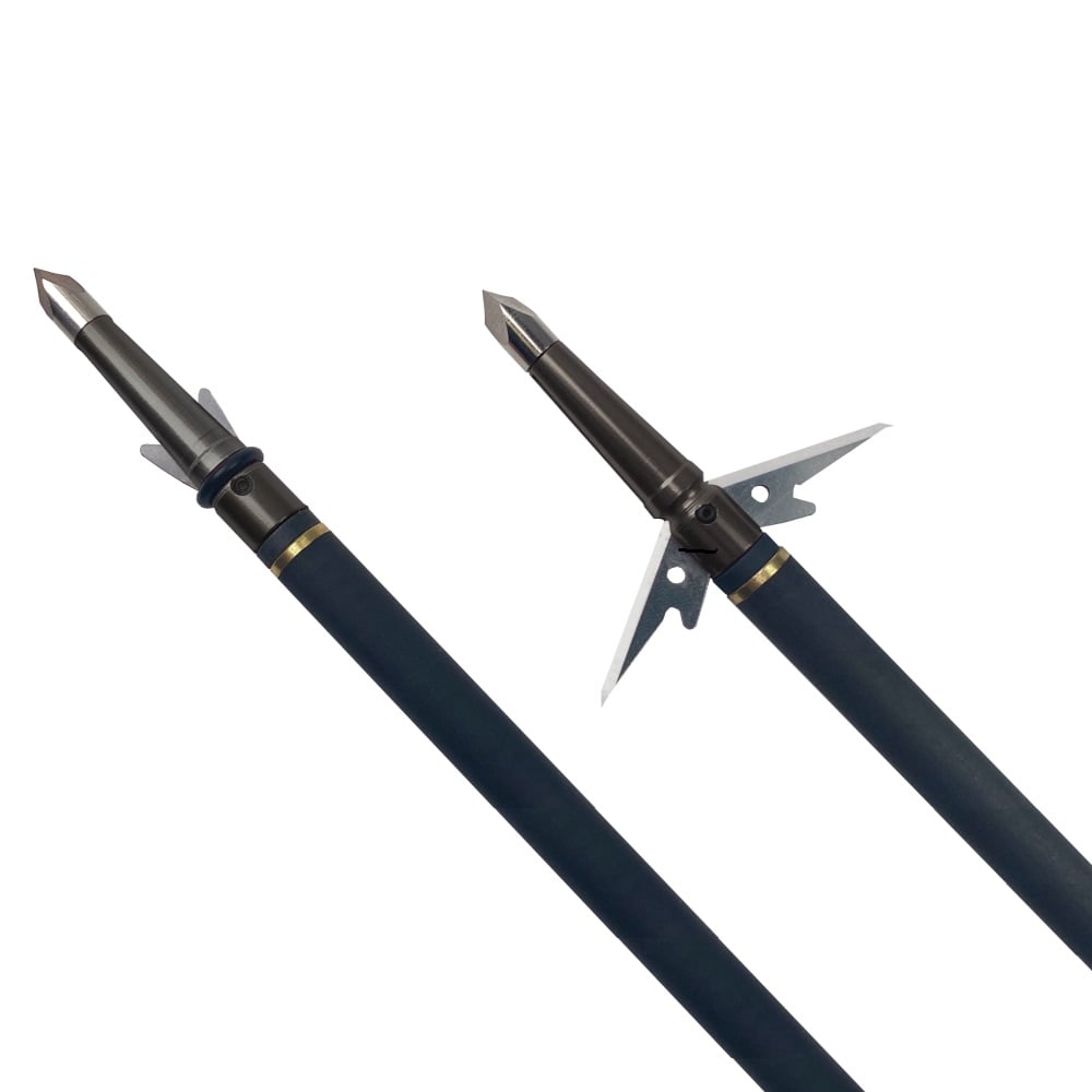 The image shows two CenterPoint Deadpoint Broadheads from CenterPoint, black with metal tips and folding barbed blades, gold bands near the tips, resembling 100-grain broadheads designed for bowfishing.