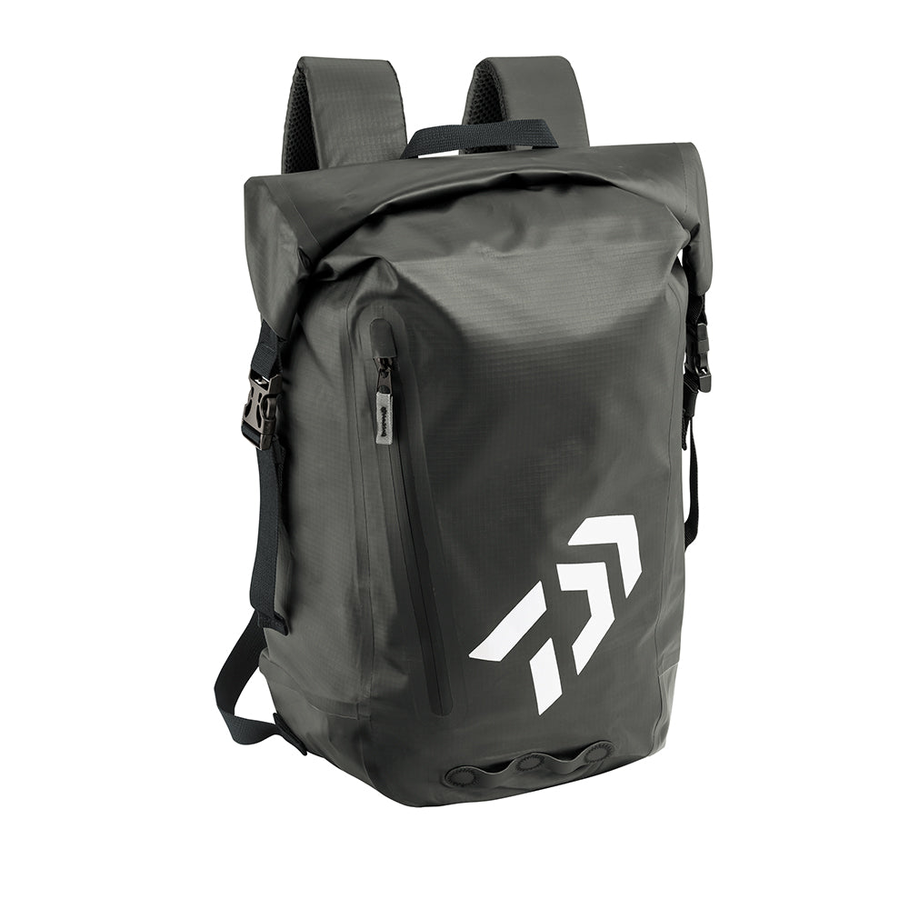 The Daiwa D-Vec Dry Bag (DVEC-DRYBAG) is a dark gray, water-resistant backpack with black straps, a front zipper pocket, and a white geometric logo near the bottom right.