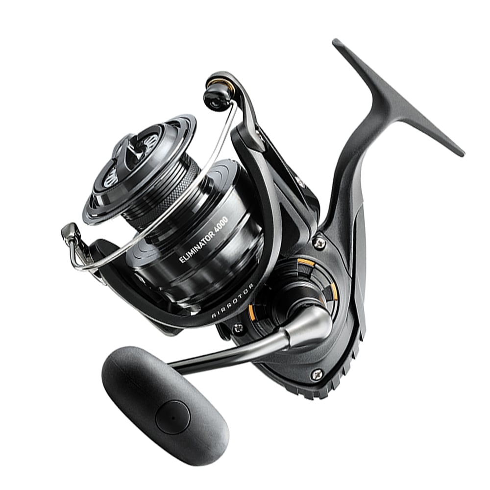 A close-up of the Daiwa Eliminator Spinning Reel, labeled "Eliminator 2500" and "Air Rotor." This sleek reel is ideal for braided line applications, featuring a large textured handle for enhanced grip and a compact design with metallic accents.
