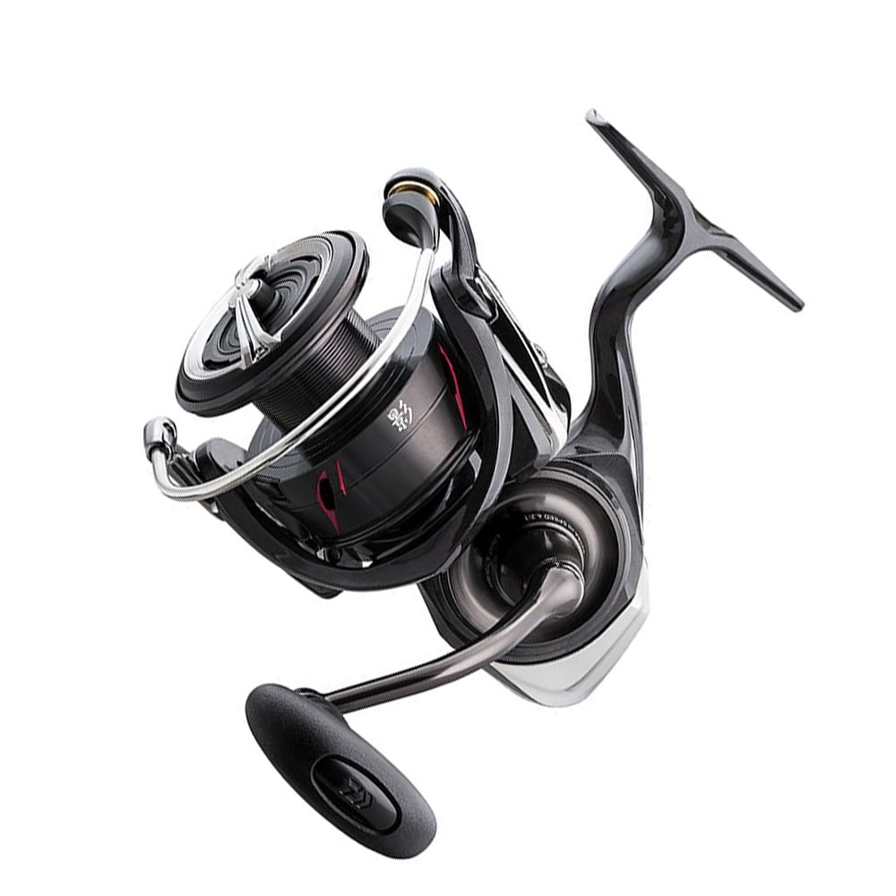 A close-up of the Daiwa Kage MQ LT KGMQLT3000D-XH 6.2:1 Used Spinning Reel in mint condition, showcasing its sleek black and silver design—an ideal choice for those considering our rod and reel trade-in program.