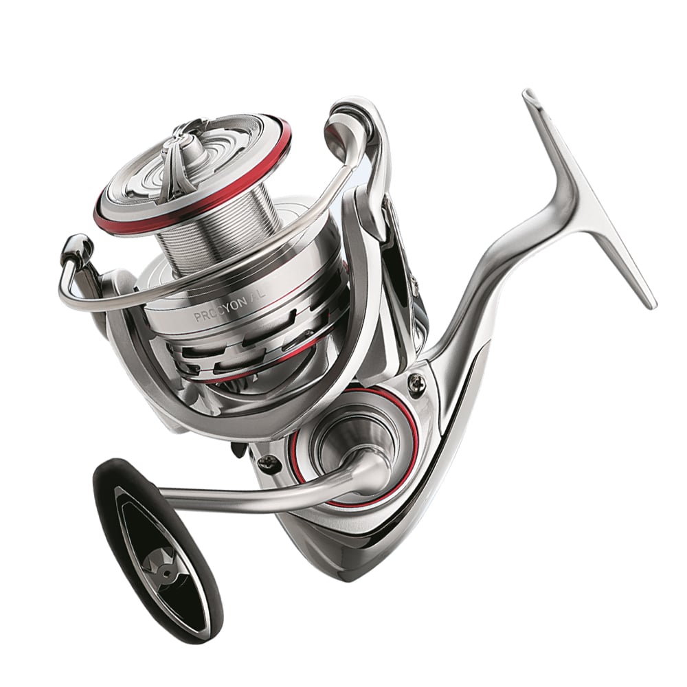 The Daiwa Procyon AL 2500D-XH Spinning Reel by americanlegacyfishing features red accents, a black handle, and modern design with an Advanced Tournament Drag System for smooth performance. Model: PCNALT2500D-XH.