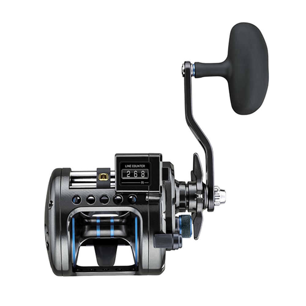 The Daiwa Saltist Levelwind Line Counter Conventional Reel 40LCH is a stylish black reel with metallic blue accents, featuring a 268-foot line counter, large grip handle, and multiple adjustment knobs and levers—ideal for anglers seeking precision.
