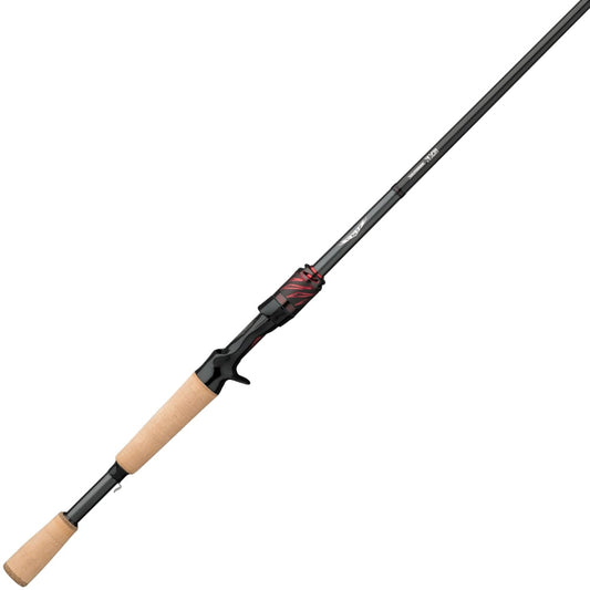 The Daiwa Steez AGS Casting Rod The Sensor 7'0" Medium/Medium Heavy (STAGS701MMHXB-SMT) features a sleek black and tan design with red accents, ergonomic cork handles, and SVF Compile X technology for precise casting. This standout product blends modern style with enhanced performance.