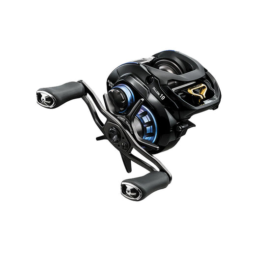 The Daiwa Zillion 10.0 SV TW Left Hand Casting Reel (ZLNTW1016EXXHL) features dual handles, metal accents, and a modern black and blue design—ideal for high-speed techniques—shown isolated on a white background.