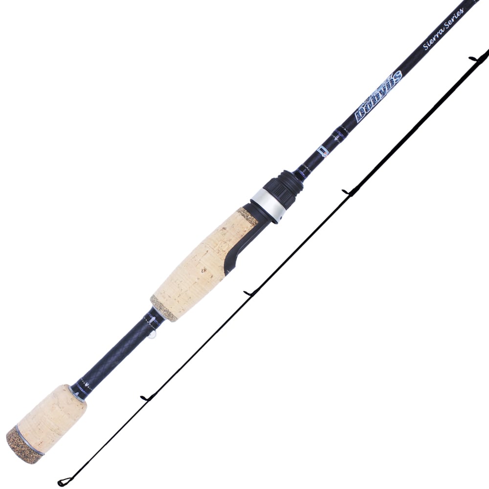 The Dobyns Sierra Trout and Panfish Series Spinning Rod, model STP 620-2SF, is a 6'2" ultra-light rod with a cork handle and sleek black shaft. It features streamlined guides and secure metal/plastic connectors, perfect for avid trout anglers.