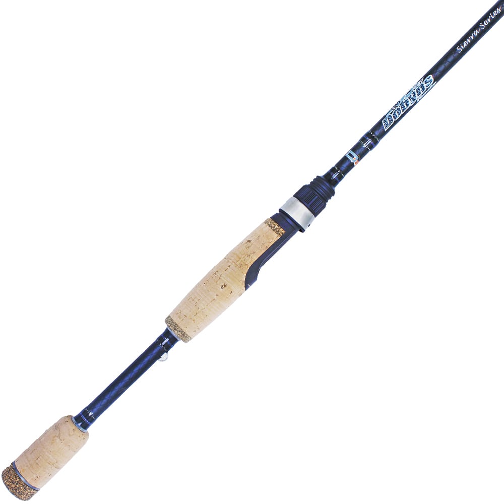 The Dobyns Sierra Trout and Panfish Series Spinning Rod 7'4" Light | STP 741SF features a high modulus graphite shaft in sleek black and blue, cork handles, a centered reel seat, text along the shaft, and an upward-angled tip for optimal trout fishing performance.